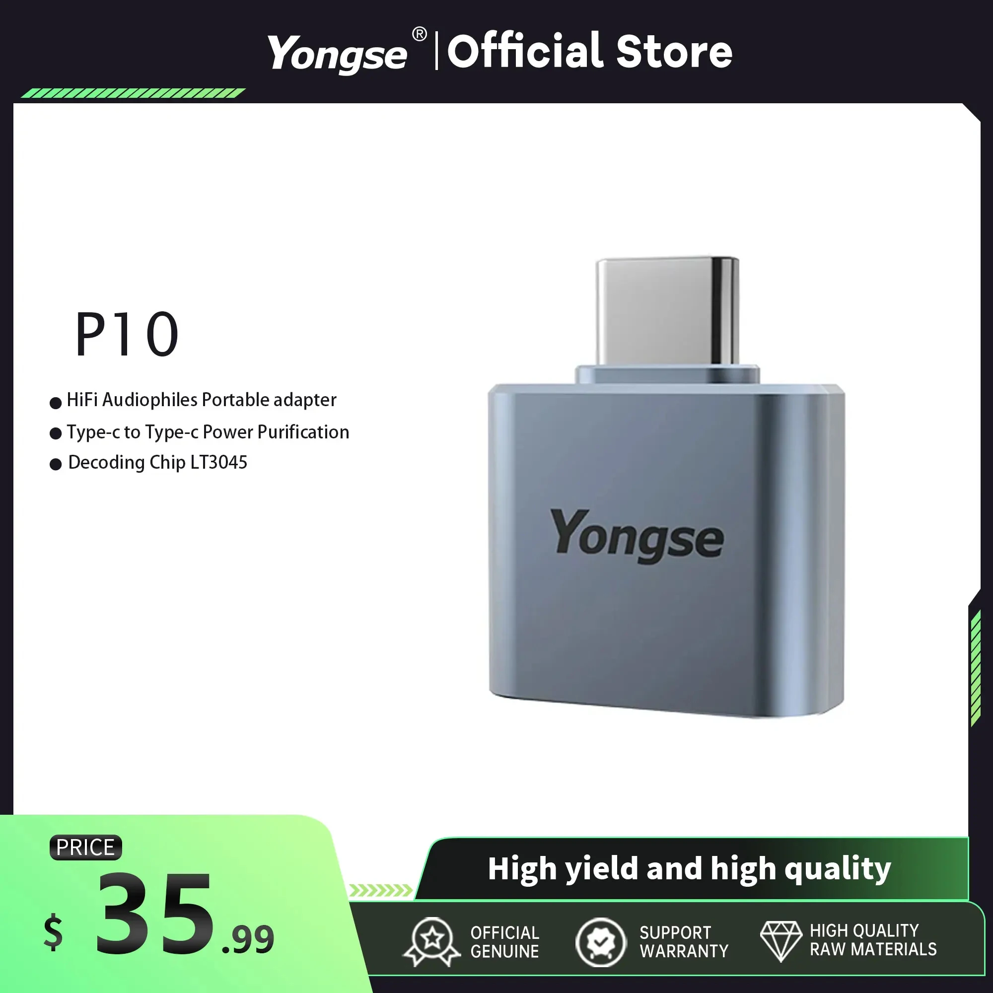 

YONGSE Y11 Type-c to Type-c Power Purification HIFI Portable Adapter OTG Decoder Chip LT3045 LDO Linear Voltage Regulator Module