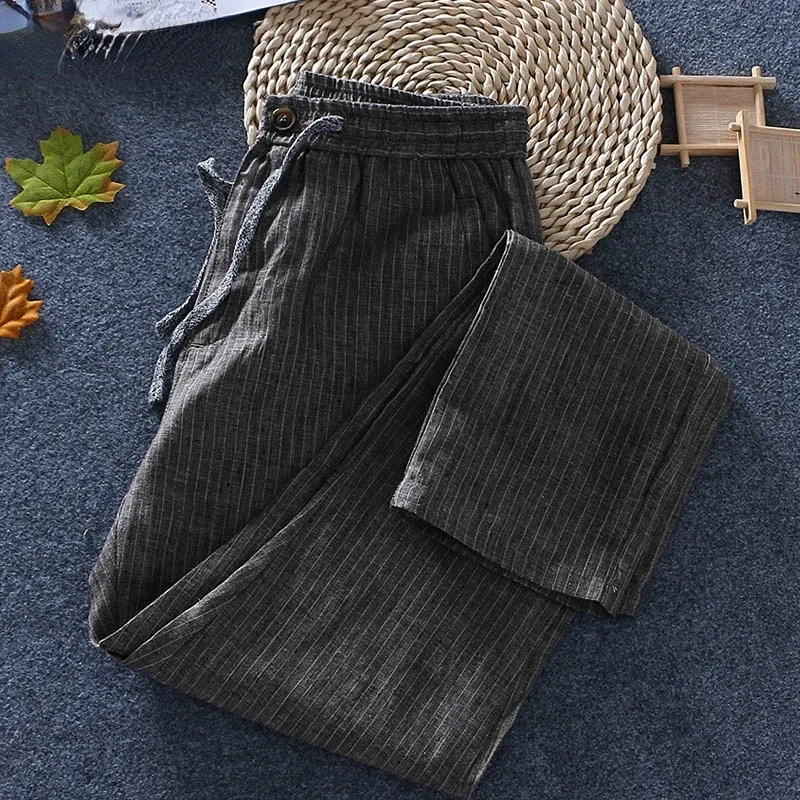 

Брюки мужские в полоску из чистого льна, повседневные Тонкие штаны с эластичным поясом и кулиской в китайском стиле, лето