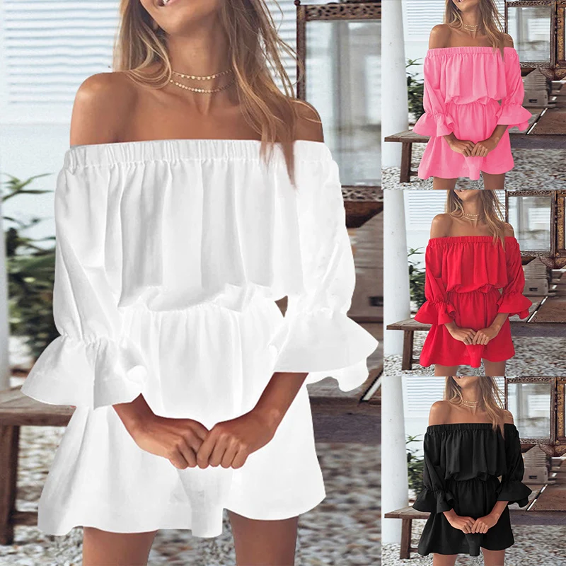 Summer Women's Sexy Solid Color Slash Neck Elegant Beach Dress Casual Loose Fashion Off Shoulder Long Sleeve Party Mini Sundress
Summer Women's Sexy Solid Color Slash Neck Elegant Beach Dress Casual Loose Fashion Off Shoulder Long Sleeve Party Mini Sundress