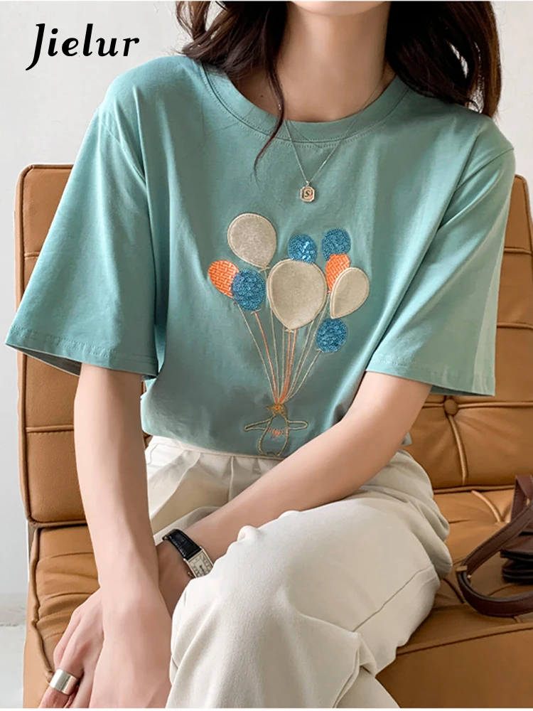 Jielur Футболка женская с вышивкой и блестками Модная хлопковая рубашка коротким
