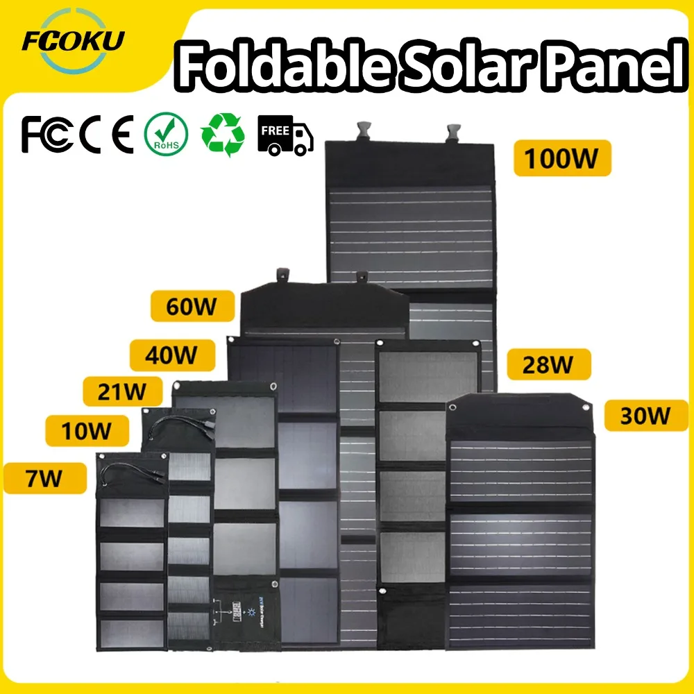 

7W/10W/21W/28W/30W/60W/100W Foldable Solar Panel Charger Mobile Power Bank Photovoltaic Plate USB Outdoor Emergency Power Supply