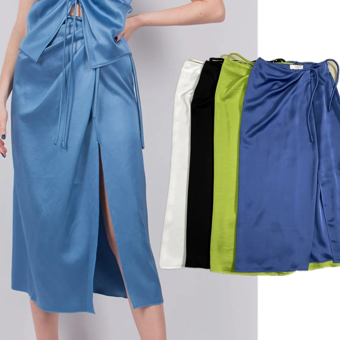 

Maxdutti Fashion Blogger 2024 Spring Leisure Commuter High Waist Drawstring Tie Wrapped Satin Midi Skirt Women