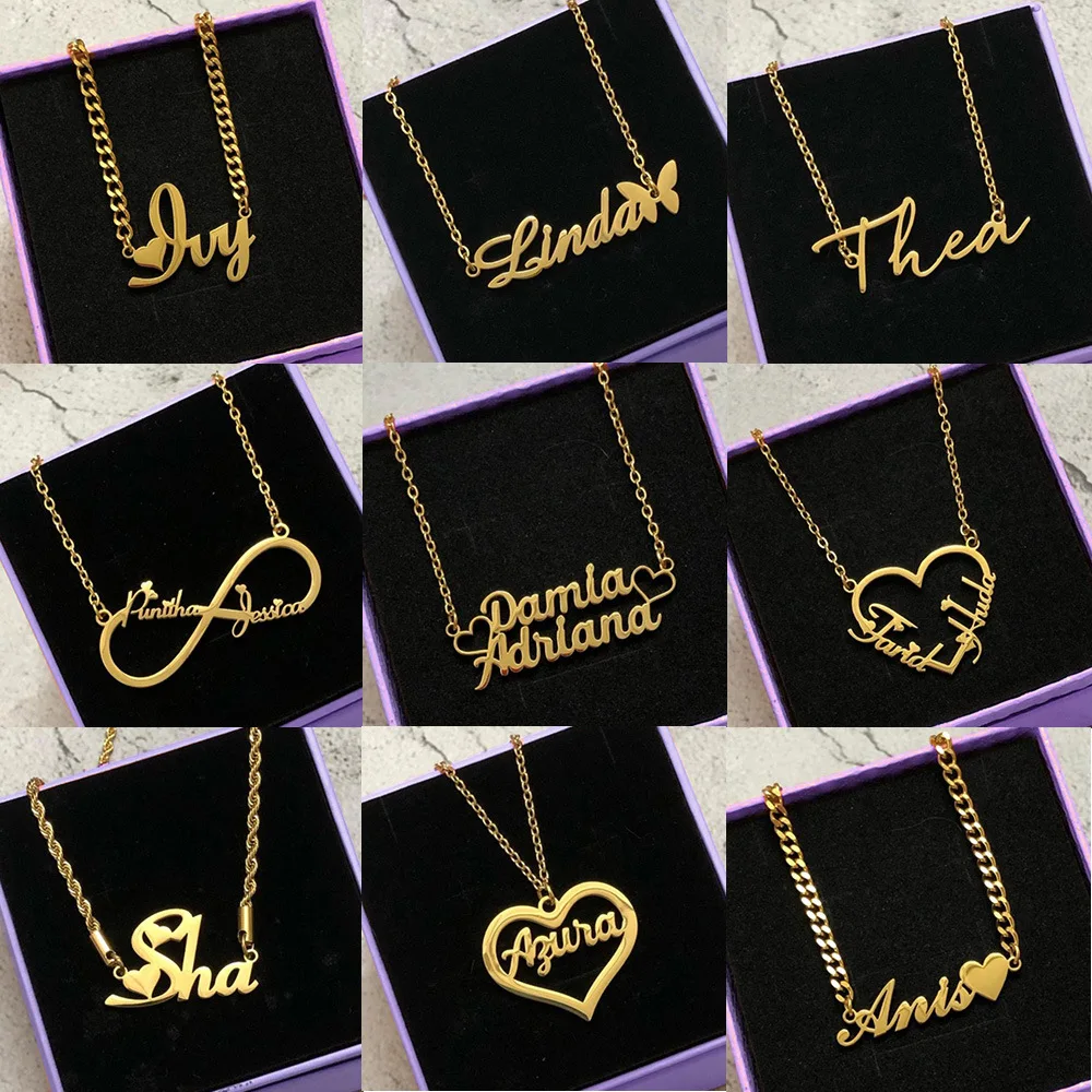 

Gold Name Necklace Custom Stainless Steel Jewelry Heart Infinity Many Style Personalized Nameplate Charm Fashion Women Chains