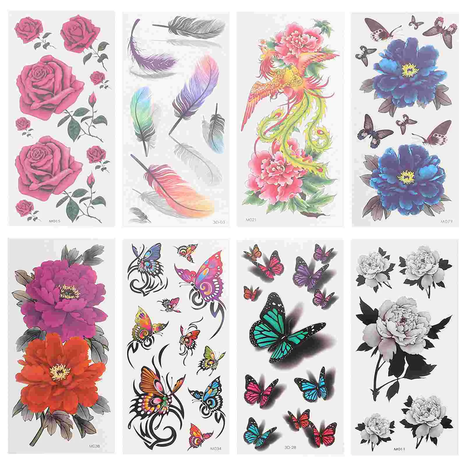 

8 Sheets 3D Flowers Temporary Tattoos Stickers, Roses, Butterflies and Multi- Colored Mixed Style Body Temporary Tattoos for,