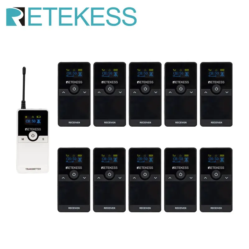 

Retekess TT116T 1 Transmitter + 10 Receivers Wireless Tour Guide System For Tour Church Translator Excursion Factory Training