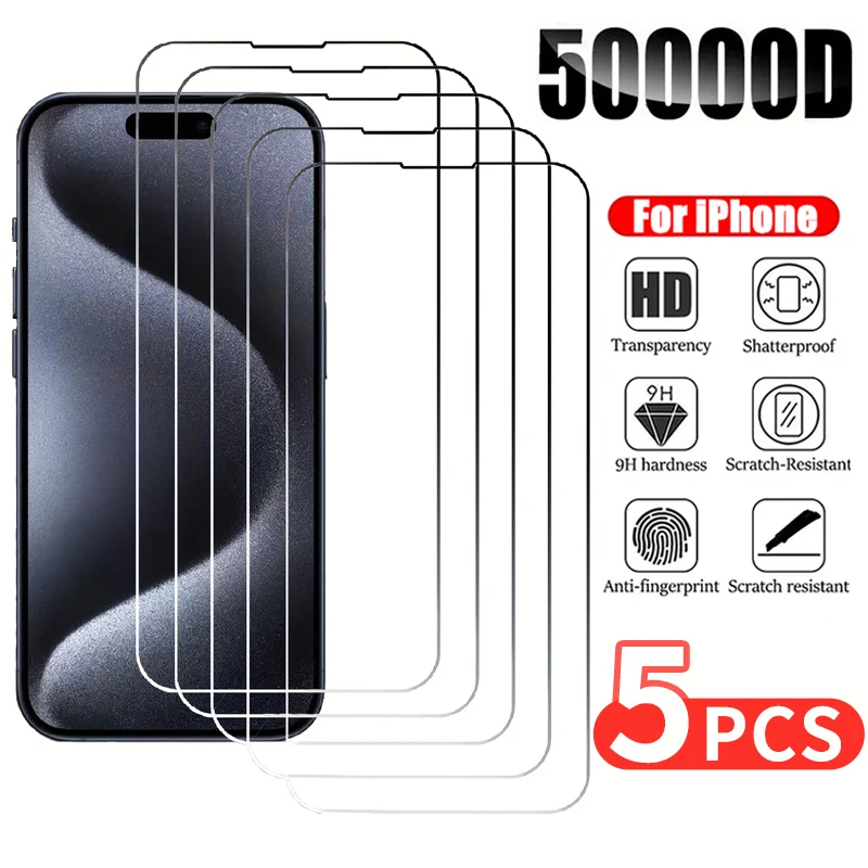 

5Pcs Tempered Glass for IPhone 15 14 13 12 11 Pro Max Screen Protector for IPhone 12Mini 13Mini 7 8 Plus SE X XS XR 15Pro Glass