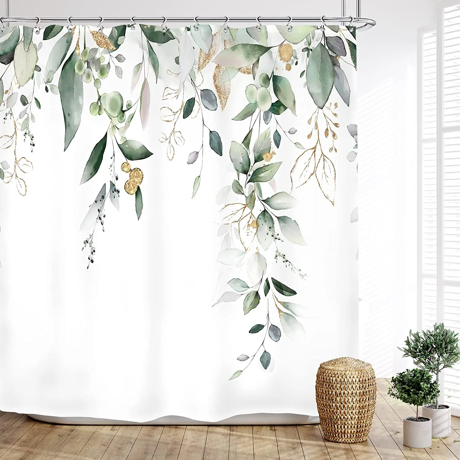 

Занавеска для душа с зелеными листьями, декоративная тканевая штора с крючками, для ванной комнаты, с цветами, акварелью, листьями эвкалипта, бабочкой