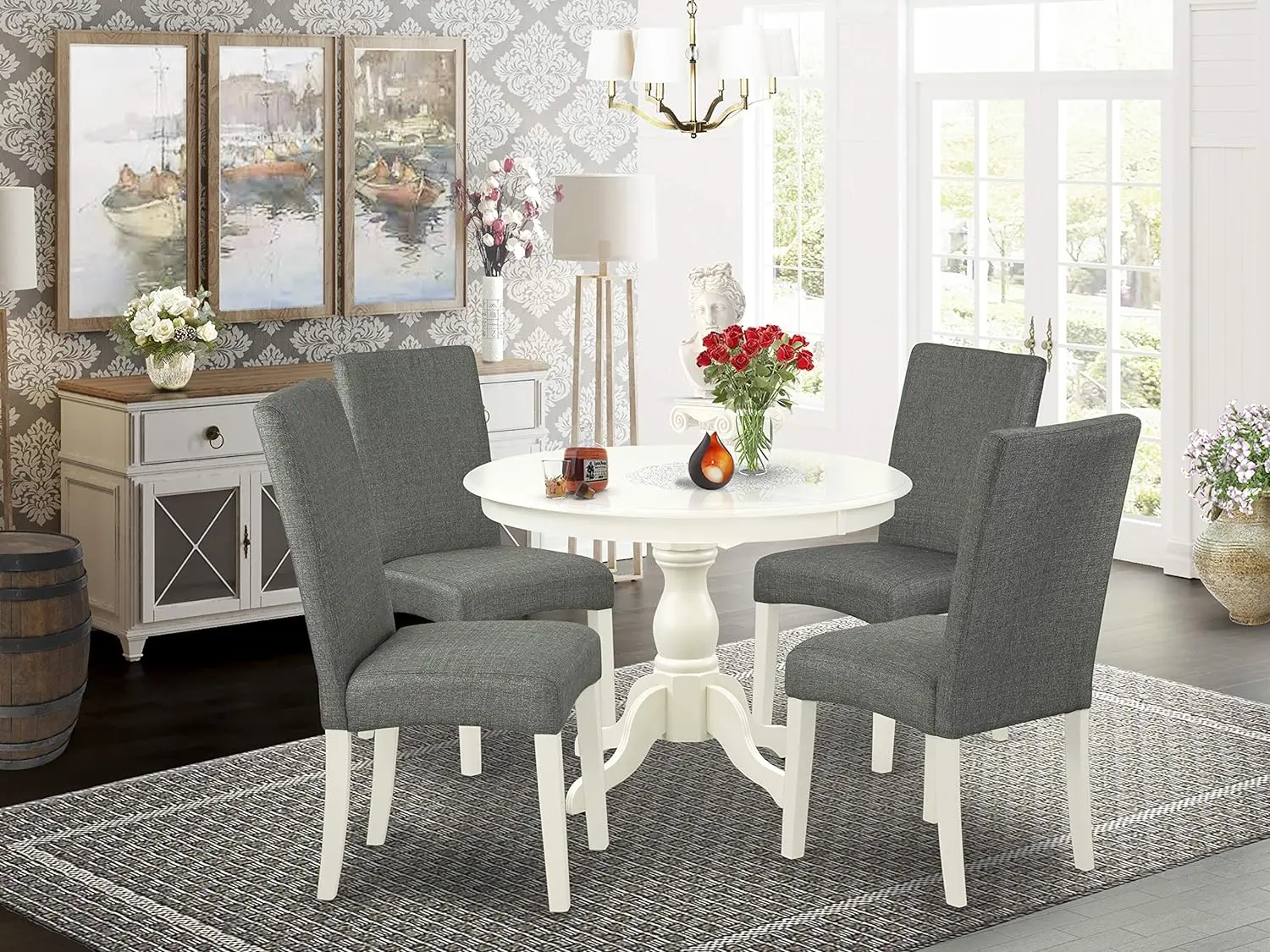 East West Furniture Hartland 5 Piece Room Set Includes a Round Kitchen Table with Pedestal and 4 Gray Fabric Parson Dining
East West Furniture Hartland 5 Piece Room Set Includes a Round Kitchen Table with Pedestal and 4 Gray Fabric Parson Dining
