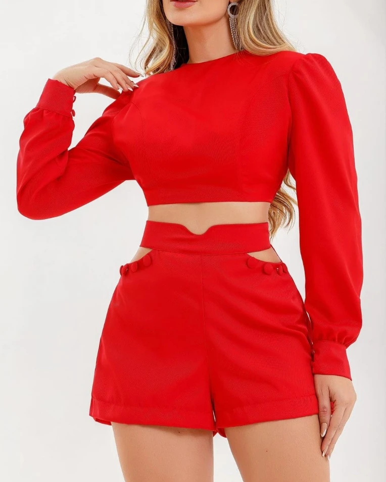 Women's Two Piece Set Solid Color Puff Long Sleeved Blouse Top and Button Hollow Out High Waisted Shorts Fashion Casual Set
Women's Two Piece Set Solid Color Puff Long Sleeved Blouse Top and Button Hollow Out High Waisted Shorts Fashion Casual Set