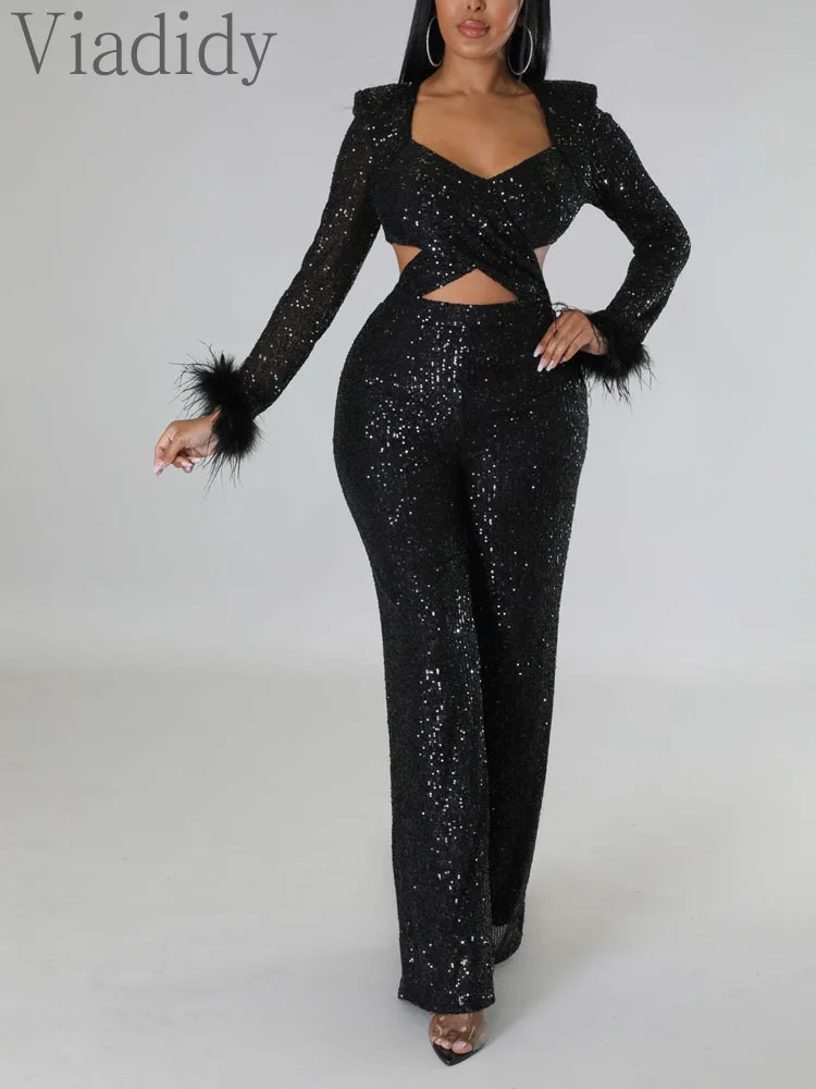 Women Sexy Glitter Solid Color Sequin Feather Decor Hollow Out Long Sleeve Zipper Back Jumpsuit
Women Sexy Glitter Solid Color Sequin Feather Decor Hollow Out Long Sleeve Zipper Back Jumpsuit