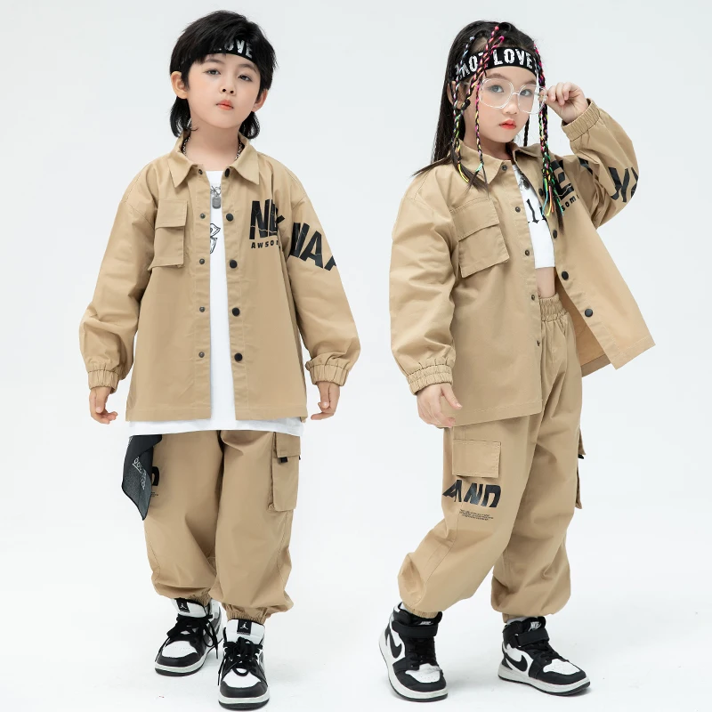 

Khaki Jacket Shirt Tops Streetwear Cargo Jogger Pants For Girl Boy Jazz Dance Costume Clothes Kids Teenage Hip Hop Clothing