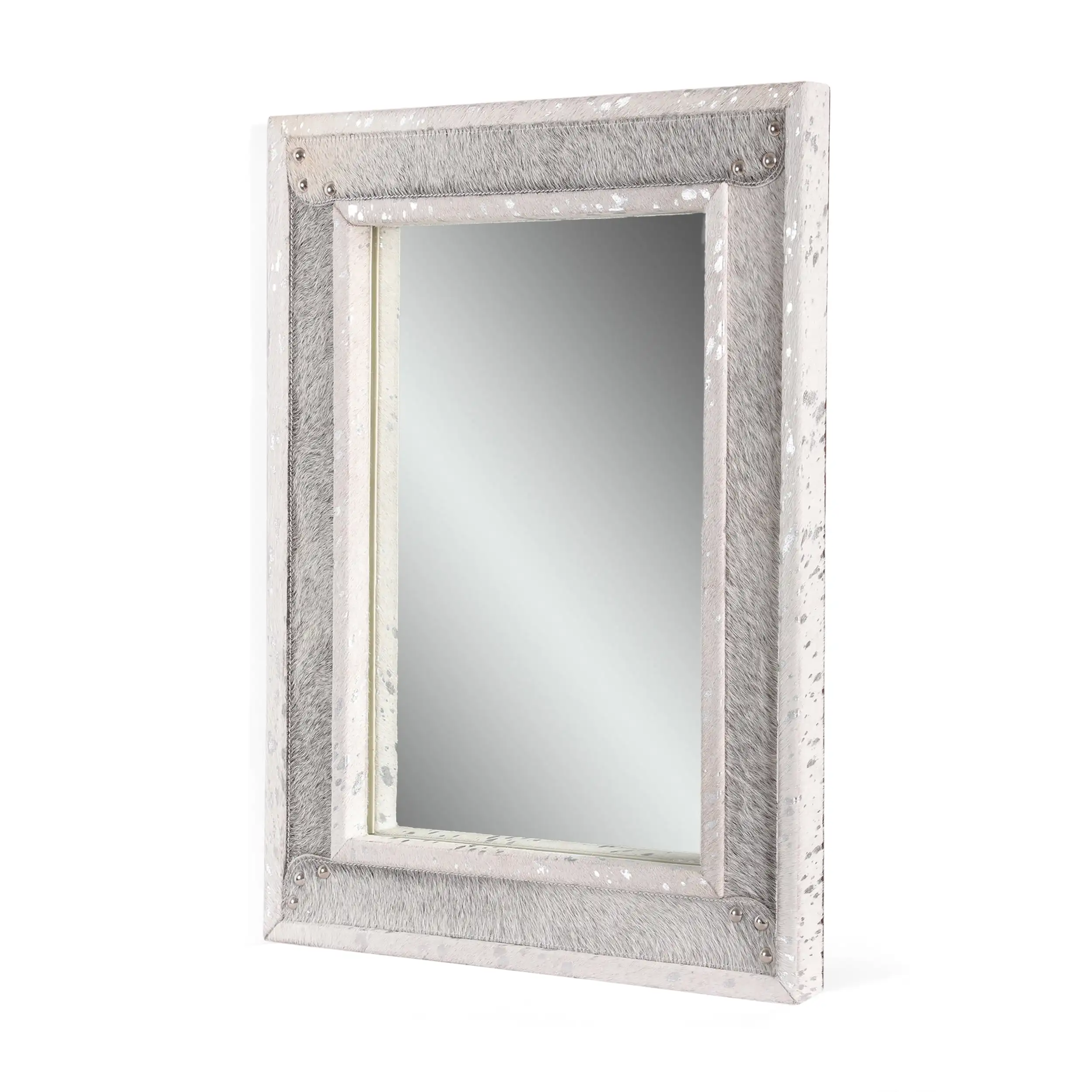 

Luxurious Refined Fashionable and Elegant Leather Studded Rectangular Wall Mirror Gray and Silver