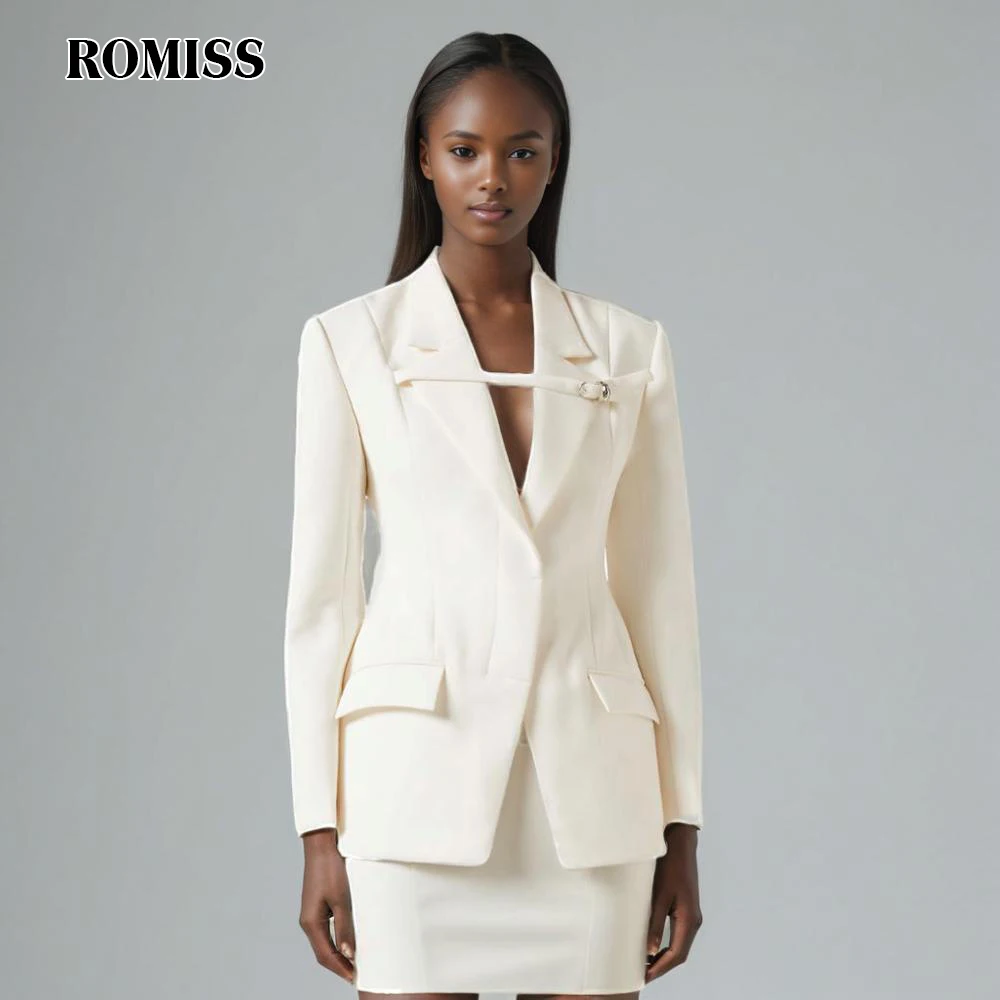 

ROMISS Solid Slim Patchwork Pocket Blazer For Women Notched Collar Long Sleeve Spliced Button Formal Blazers Female New