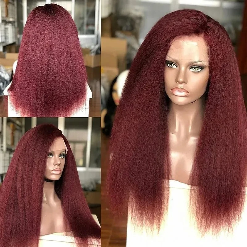 

Yaki Kinky Straight PrePlucked Glueless Soft 180%Density 26“Long Burgundy 99j Wine Red Lace Front Wigs For Black Women Babyhair