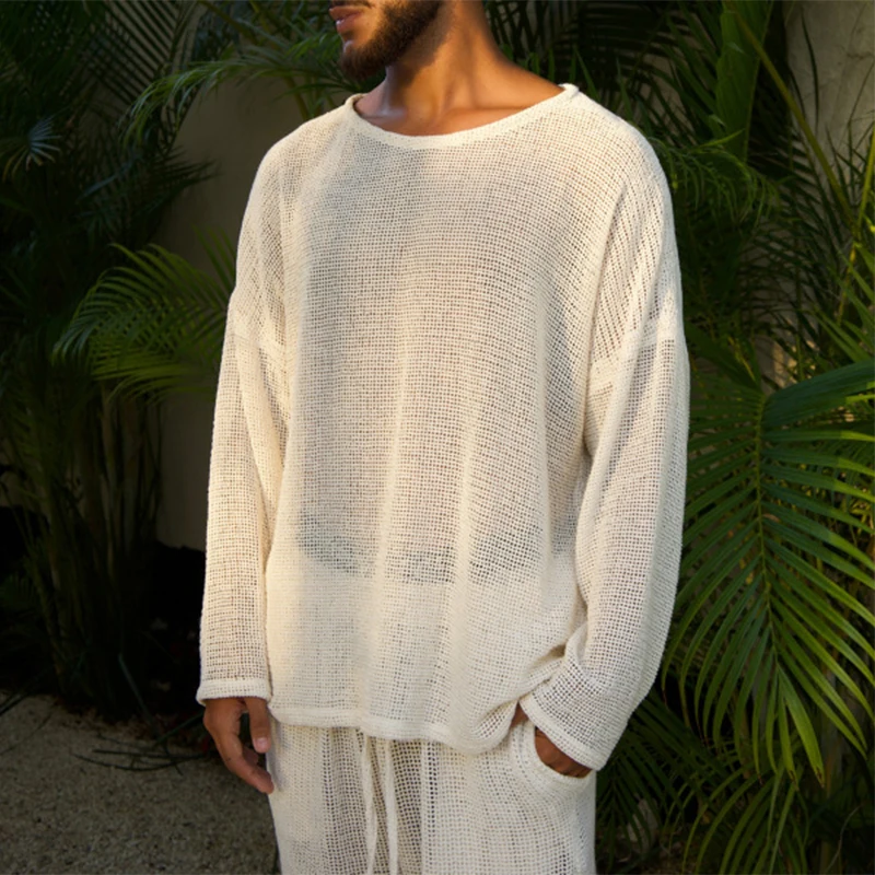 Мужская Трикотажная футболка с вырезами, Повседневная летняя однотонная свободная футболка с длинным рукавом и круглым вырезом, модный дышащий пуловер, 2024
Мужская Трикотажная футболка с вырезами, Повседневная летняя однотонная свободная футболка с длинным рукавом и круглым вырезом, модный дышащий пуловер, 2024