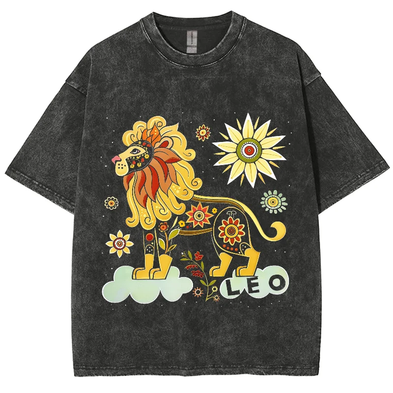 

Constellation Y2K Washed Tshirt, Leo Cartoon Lion Starry Sky, Oversized Streetwear Vintage Washed Short T-shirts For Men Women