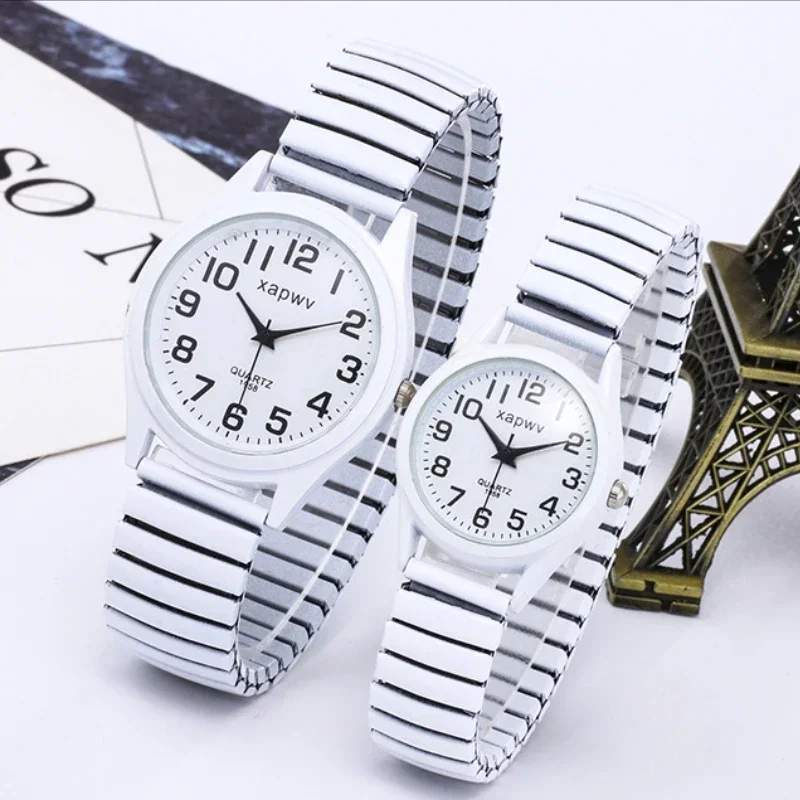 

Часы наручные для мужчин и женщин, винтажные креативные из нержавеющей стали с черно-белым эластичным ремешком, в стиле ретро, с браслетом для пожилых пар, 1 шт.
