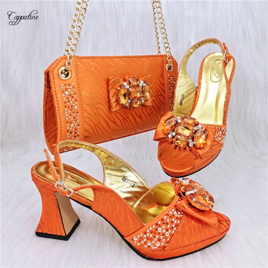 

Orange Women Shoes And Bag Set To Match African Ladies High Heels Summer Sandals With Handbag Pumps Sandales Femmes MM1145