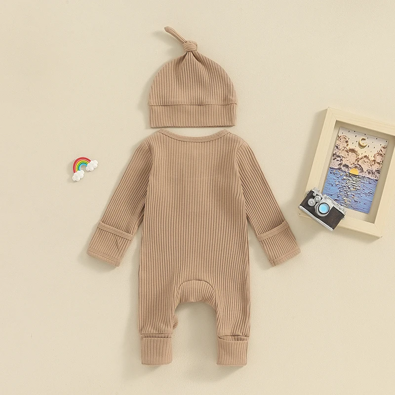 

Newborn Clothes Set Infant Baby Boys Girls Romper Hat Ribbed Knit Long Sleeve Button Solid Bodysuit Jumpsuit