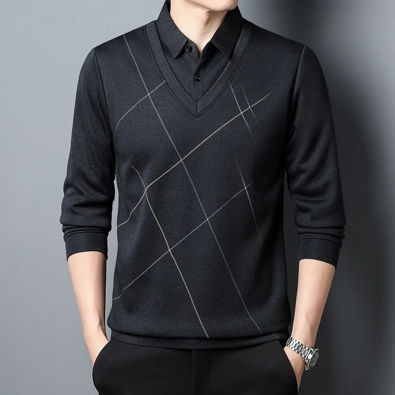 

Autumn Men's Mandarin Collar Long Sleeve Tshirts Trend Slim Cotton Korean Style Polo Shirt Labelling Male Tops For Spring