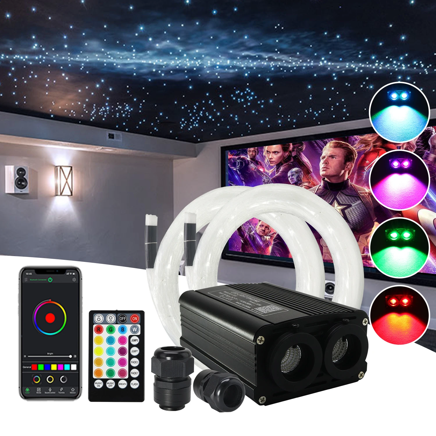 NEW 32W RGBW Doube Head Fiber Optic Star Ceiling Llight kit 400strands*(0.75mm+1mm)*2M with music and Bluetooth app Controller
NEW 32W RGBW Doube Head Fiber Optic Star Ceiling Llight kit 400strands*(0.75mm+1mm)*2M with music and Bluetooth app Controller