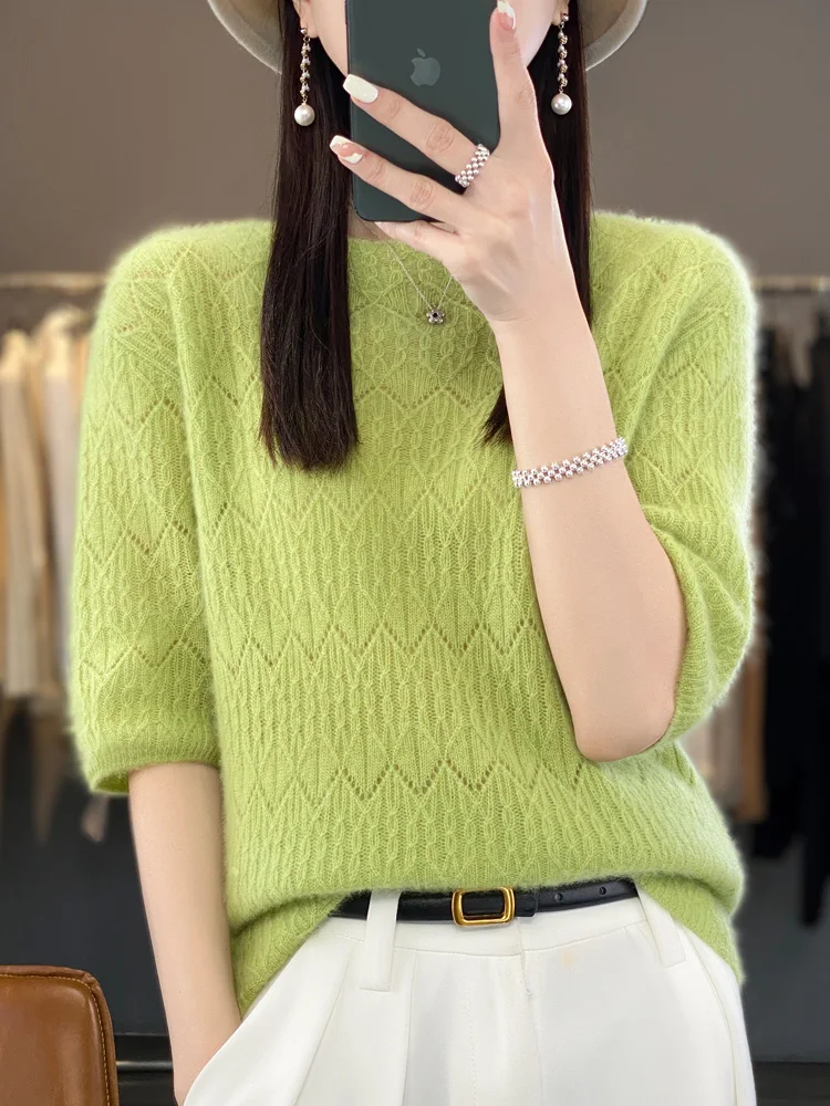 New Spring Autumn Women Pure Wool Cashmere Short-Sleeve Tops O-Neck Knit Sweater Loose Pullover High-End Half-Sleeve T-shirt
New Spring Autumn Women Pure Wool Cashmere Short-Sleeve Tops O-Neck Knit Sweater Loose Pullover High-End Half-Sleeve T-shirt