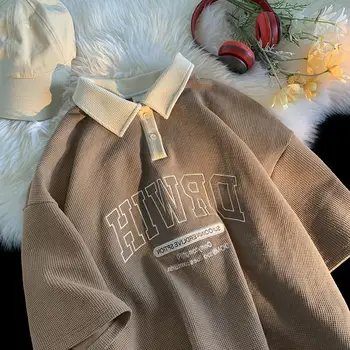 A Polo Perfeita para o Verão: Camiseta Casual de Manga Curta com Textura Waffle 9 Waffle short sleeved t shirt Men Women Summer Short Sleeves Loose Type Turn down Collar Pullover Preppy Style Student Tops