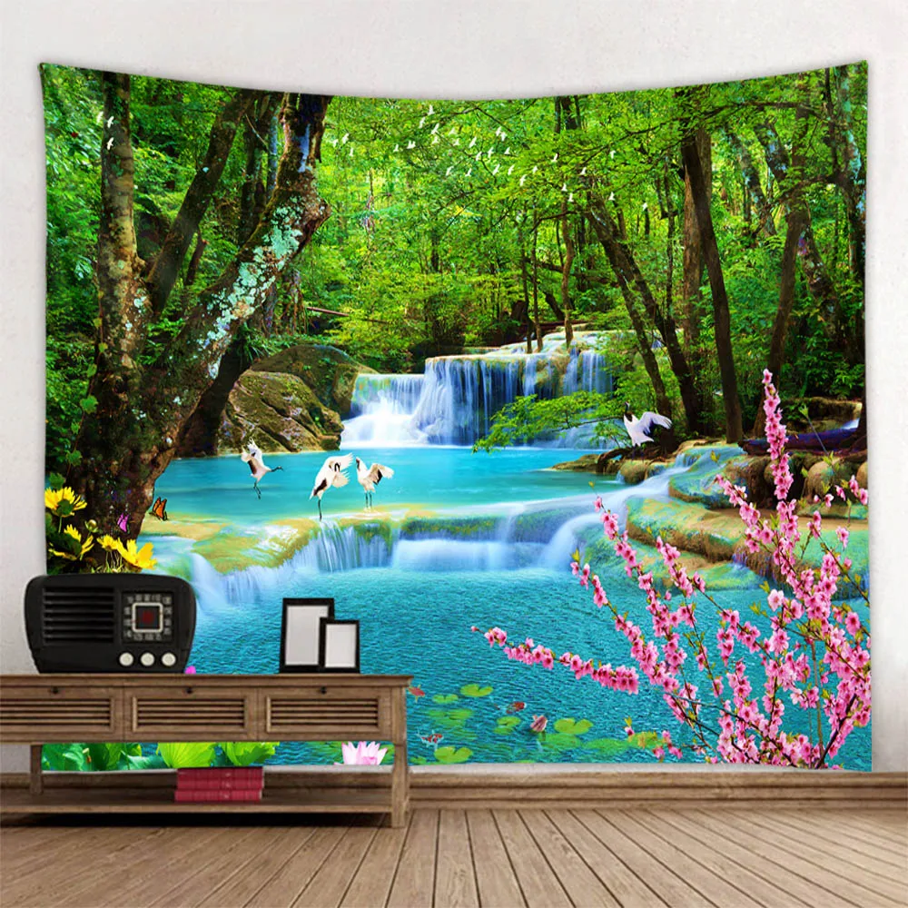 

Waterfall tapestry forest landscape wall hanging natural scenery room wall decoration background cloth home aesthetic decoration