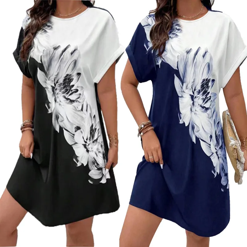 

2024 New T-shirt Dress for Women Loose Skirt Casual Sexy Floral Print O-neck 3D Ink Painting Comfortable Ladies Summer Clothing