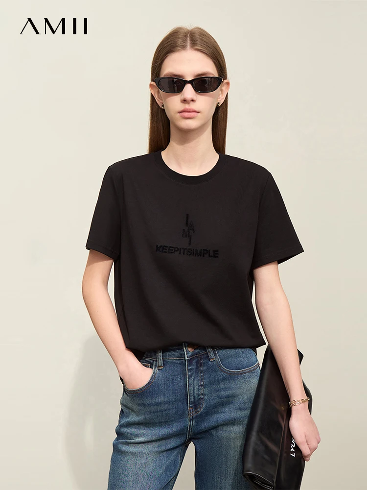 

Amii минимализм 2024 летние новые повседневные футболки базовые o-образный вырез буквы вышивка футболка для женщин стрейч Модные топы 12422100