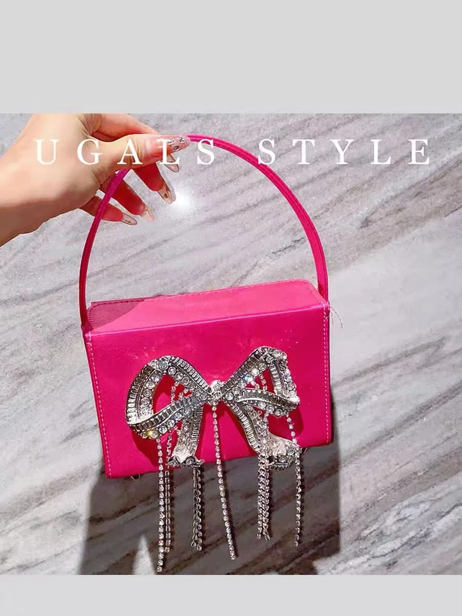 

Luxury Metal Bow Knot Square Bag Glitter Shiny Diamonds Evening Bag Women's Handbag Wedding Party Clutch Purse Crossbody Bag