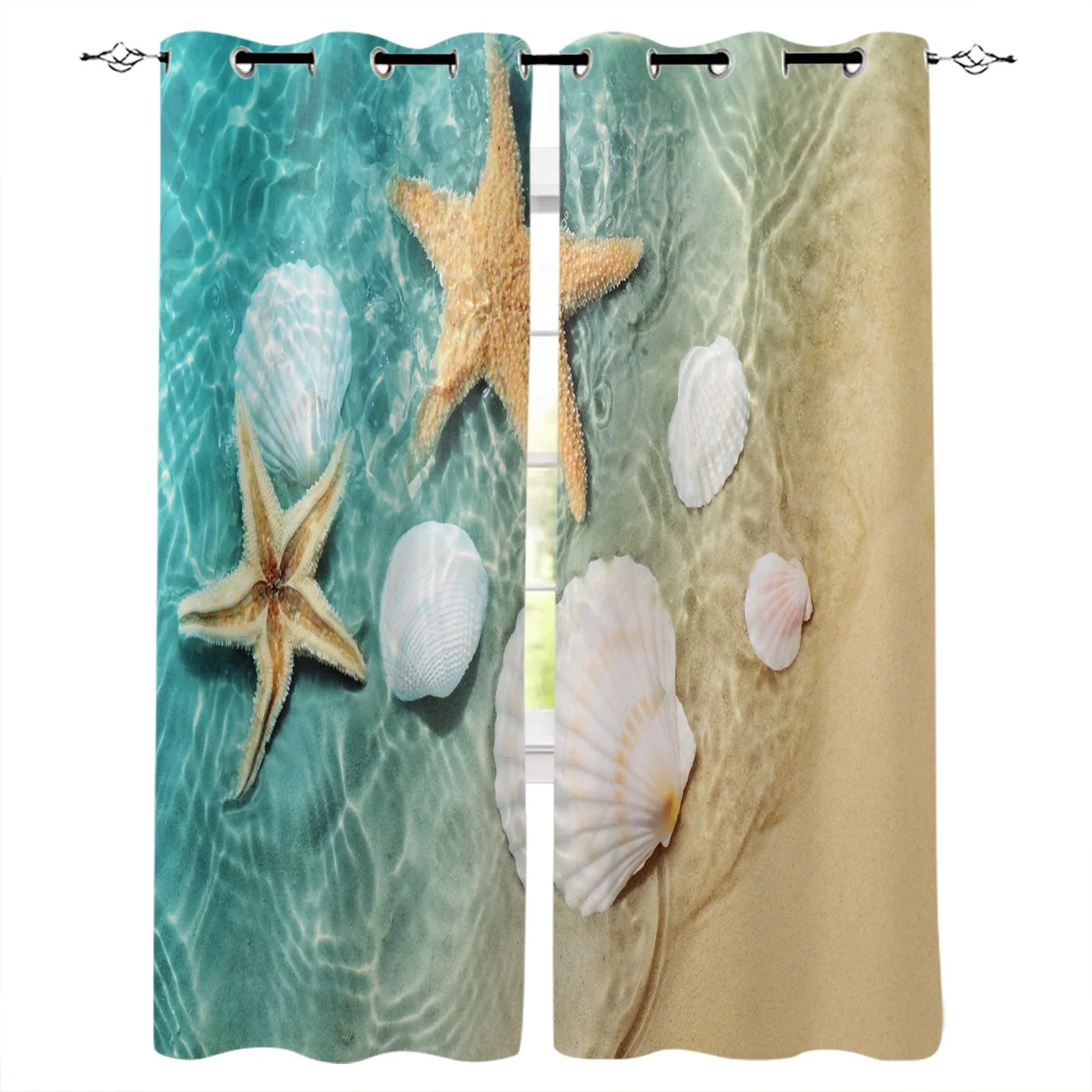 

Beach Sea Starfish Shells Green Blackout Curtains Window Curtains for Bedroom Living Room Decor Window Treatments