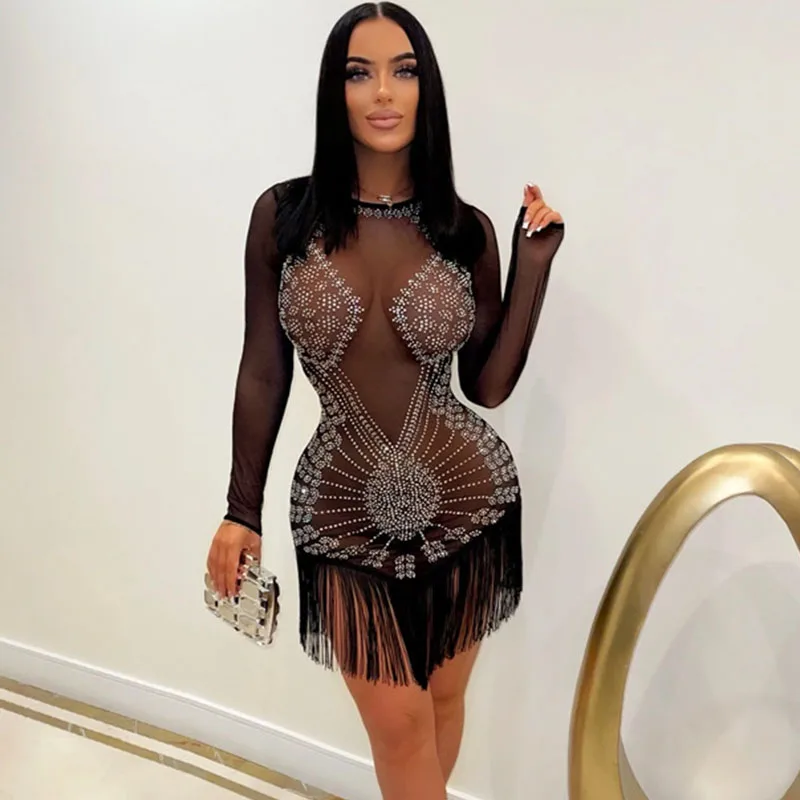 Sexy Crystal Diamonds Tassel Party Dresses for Women Elegant Evening Long Sleeve Bodycon Dress Mesh Sheer Celebrity Mini Dress
Sexy Crystal Diamonds Tassel Party Dresses for Women Elegant Evening Long Sleeve Bodycon Dress Mesh Sheer Celebrity Mini Dress