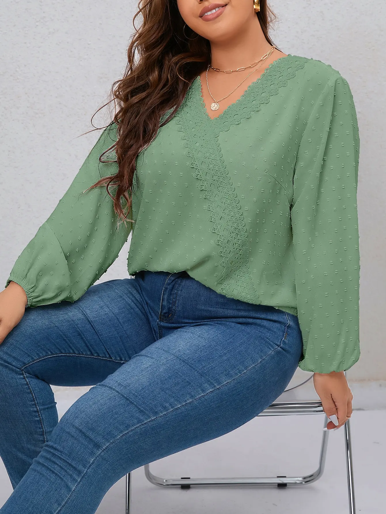 Finjani Plus Size Lace Stitching Blouse, Casual Pompom V Neck Long Sleeve Blouse For Spring, Women's Plus Size Clothing
Finjani Plus Size Lace Stitching Blouse, Casual Pompom V Neck Long Sleeve Blouse For Spring, Women's Plus Size Clothing