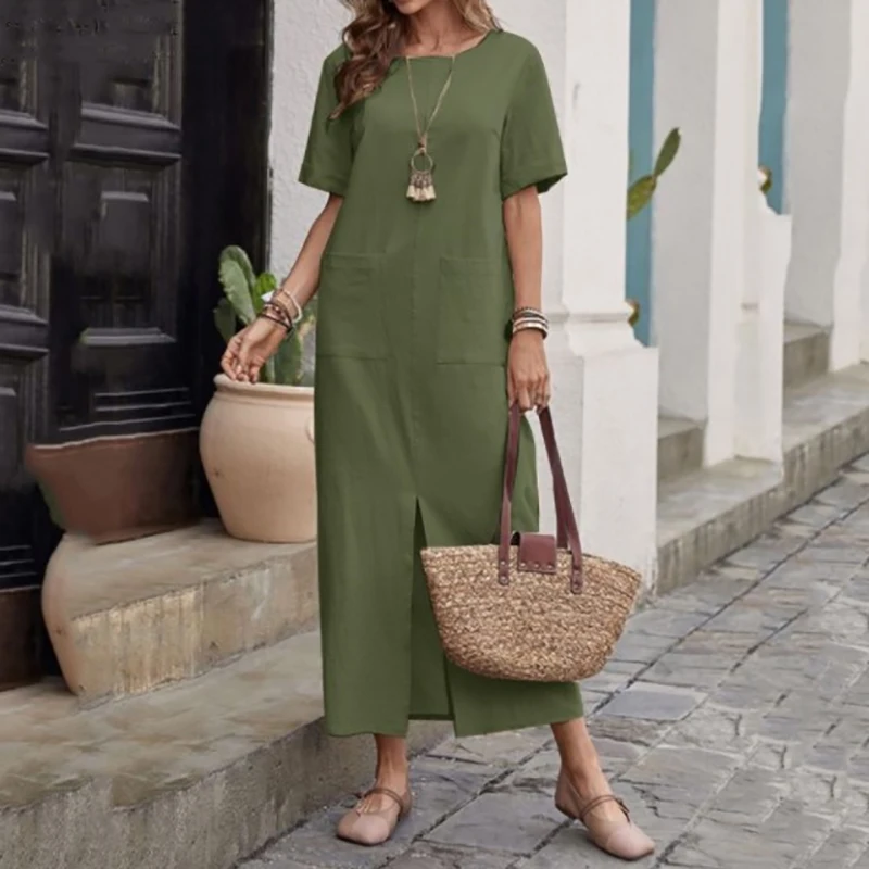 Elegant Solid Color Women Dress Fashion O-Neck Short Sleeve Cotton Linen Long Dresses Fashion Holiday Pocket Split Dress Robe
Elegant Solid Color Women Dress Fashion O-Neck Short Sleeve Cotton Linen Long Dresses Fashion Holiday Pocket Split Dress Robe