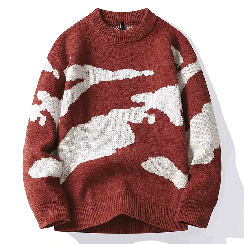 

Men Red Knitted Long Sleeve Sweater Autumn Winter Round Neck Loose Pullover Boys Plus Size Knit Top Dotted Knitwear Xxxl