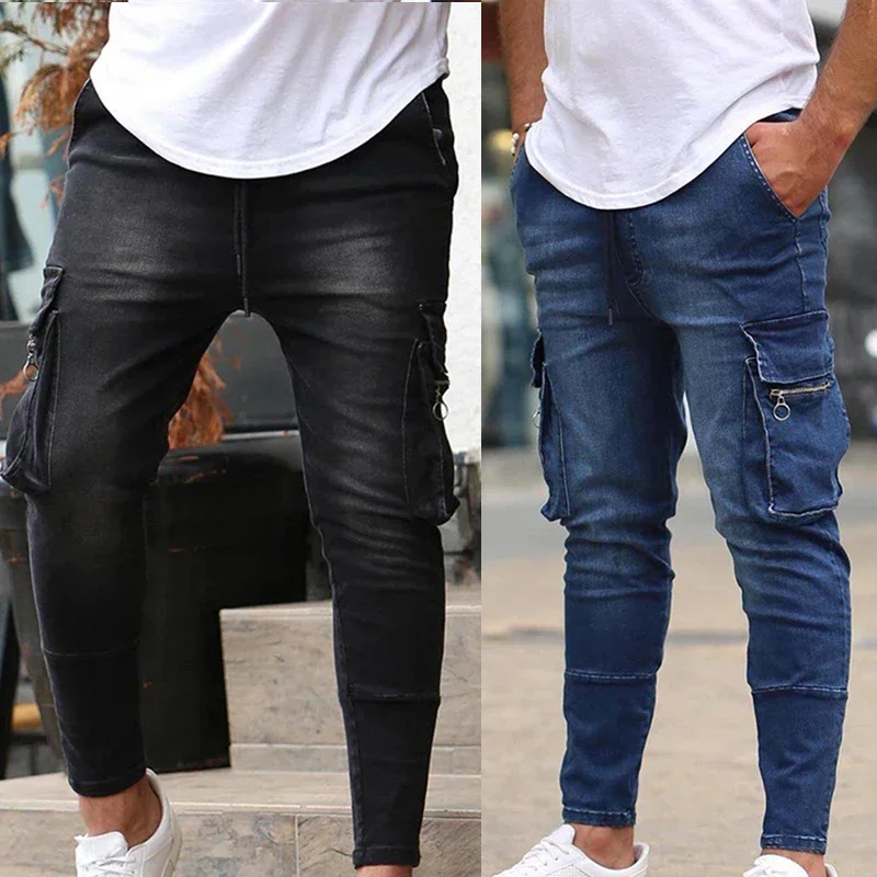 

Джинсы мужские узкие с большими карманами, повседневные брюки из денима в стиле панк/хип-хоп, уличная одежда, длинные брюки, одежда в стиле хип-хоп