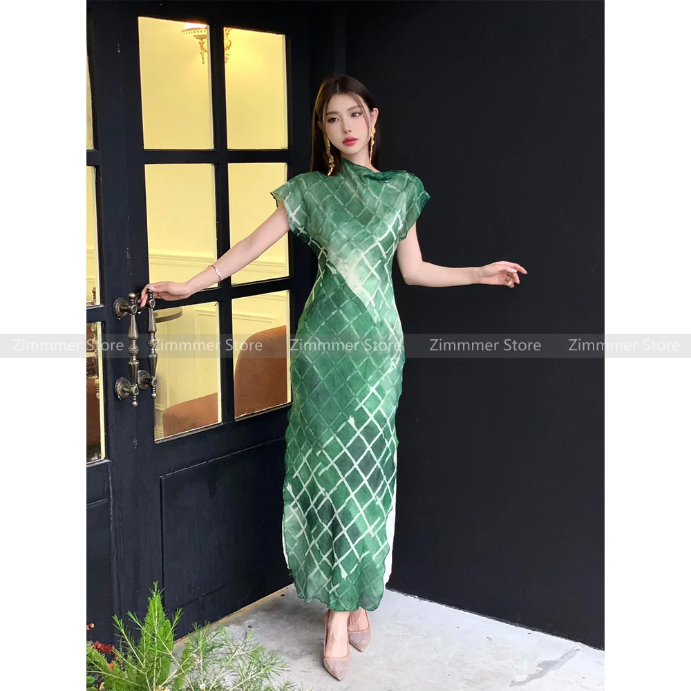 

New Chinese national style retro improved cheongsam high-end exquisite green plaid printing design Slim thin dresses