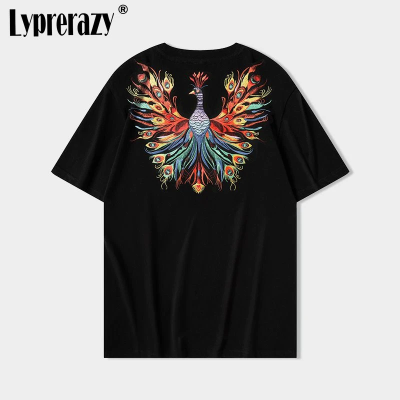

Lyprerazy National Tide Chinese Style Peacock Embroidered Short-sleeved T-shirt Summer Cotton Loose Tops Tees