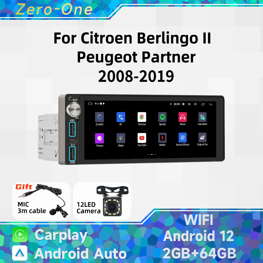 

Carplay Autoradio 1 Din Radio Android Car Multimedia for Citroen Berlingo II Peugeot Partner 2008-2019 6.86" Stereo Head Unit