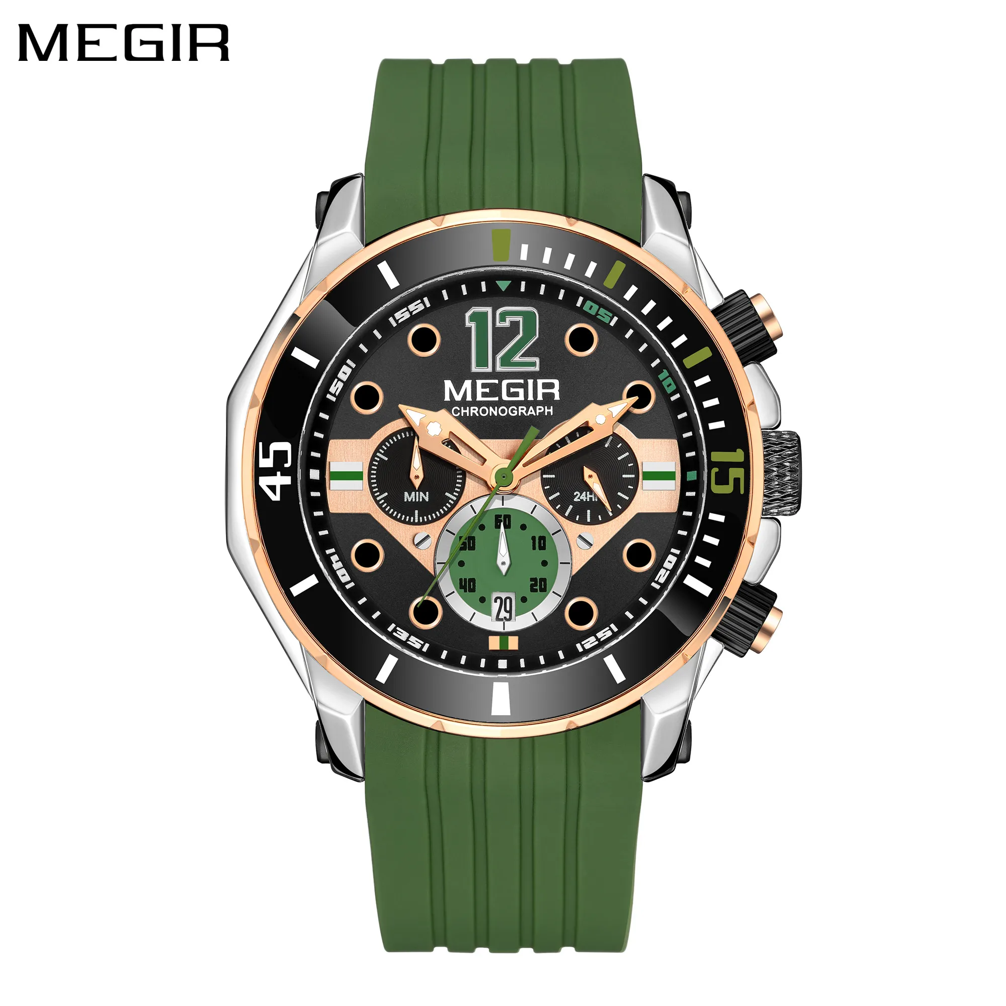 

MEGIR Men's Sport Watches Quartz Wrist Watch with Silicone Band Male Clock Chronograph Calendar Stopwatch Luminous Waterproof