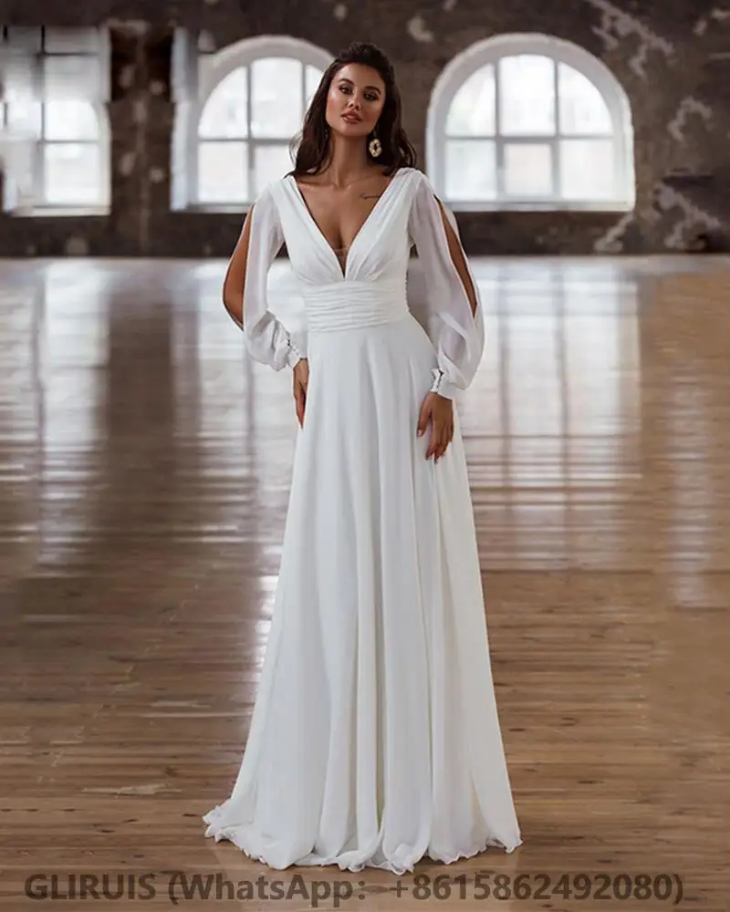 

V-Neck Wedding Dresses For Women Chiffon Backless Long Sleeves Bride Gowns 2022 Civil Court Train Custom Made Real Photo