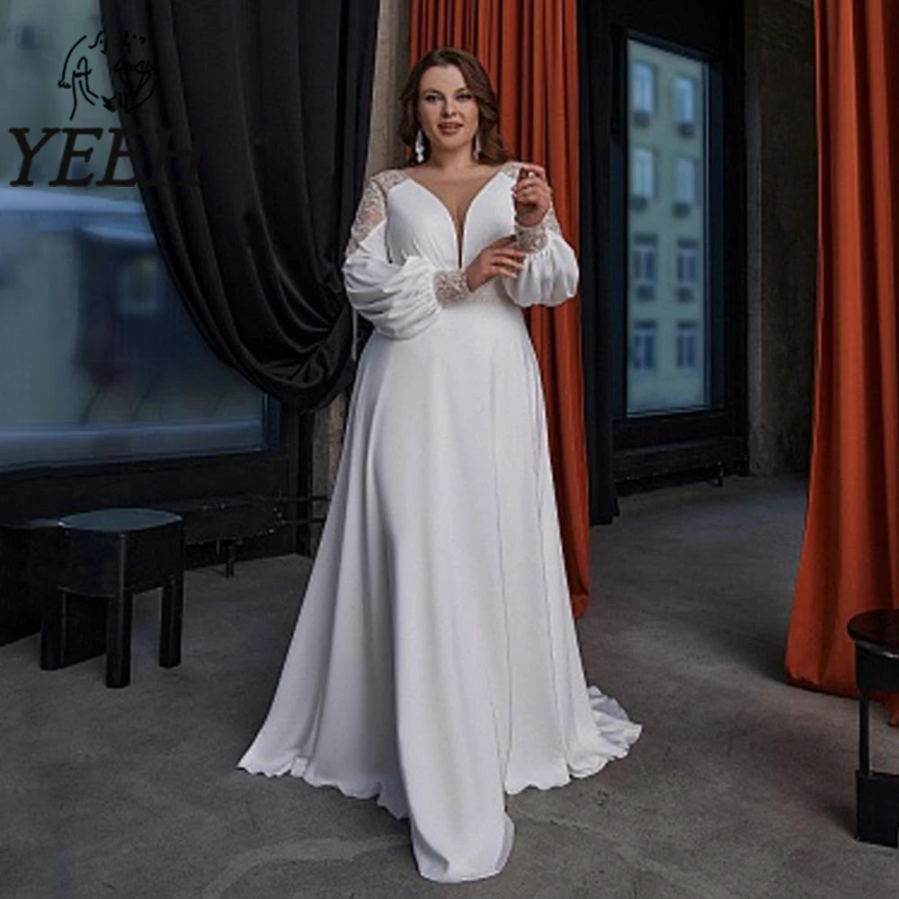 

YEEH Wedding Dresses Elegant Illusion Shoulder V-Neck Bridal Gown Long Puffy Sleeves A-line Sweep Train Vestidos De Novia