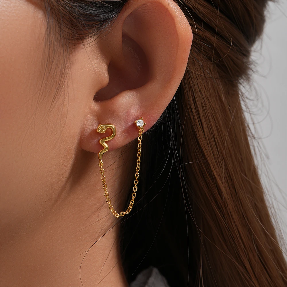 

CANNER 1Pcs Snake Shape Zircon Tassel Pendant Stud Earrings S925 Sterling Silver Personality Versatile Earrings Fashion Jewelry