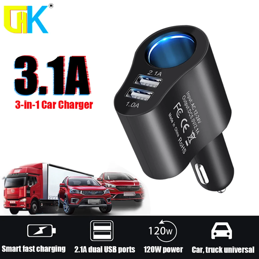 HKGK 3.1A Dual USB 3 in 1 Car Charger 3 Ports 12-24V Cigarette Socket Lighter Fast Car Charger Power Adapter Car Styling
HKGK 3.1A Dual USB 3 in 1 Car Charger 3 Ports 12-24V Cigarette Socket Lighter Fast Car Charger Power Adapter Car Styling