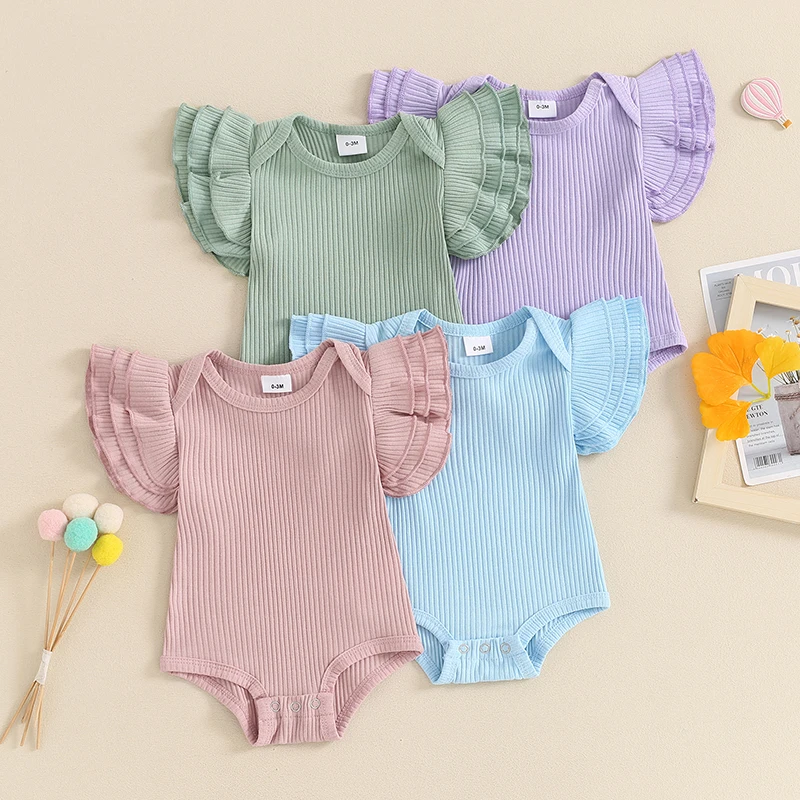 

2024-03-19 Lioraitiin 0-18M Newborn Baby Girl Summer Clothes Basic Plain Ruffle Short Sleeve Bodysuit Rib Knit Tops Clothes