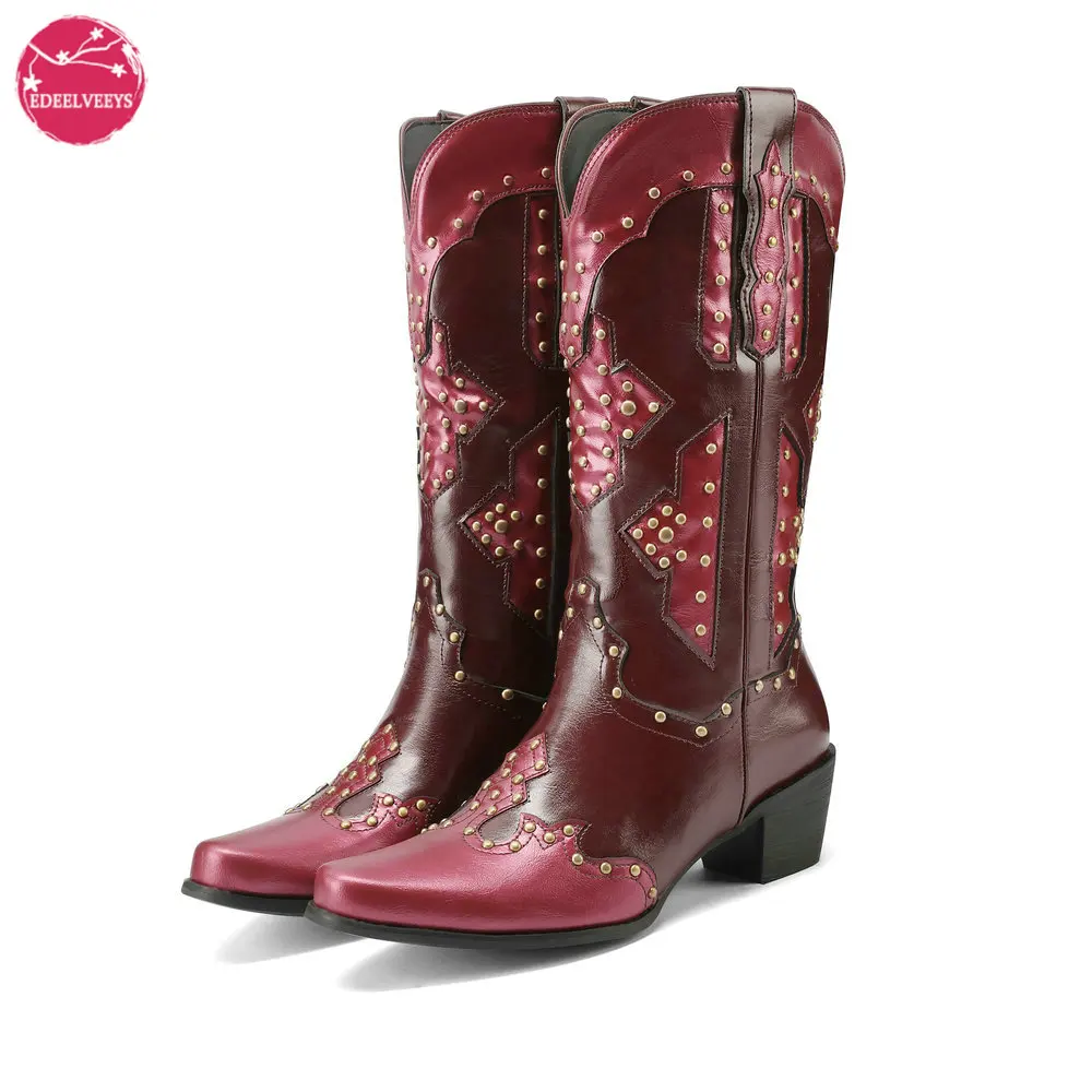 

Cowboy Cowgirl Boots for Women: Wide Calf Western Pointed Toe Chunky Heel Punk Rivet Leather Patchwork Mid Calf Boot