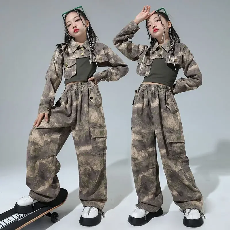 

Girls Hip Hop Camouflage Cropped Jacket Cargo Pants Street Dance Clothes Set Kids Jazz Military Joggers Costume Child Streetwear