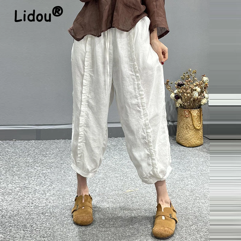 

Women's Ruffle Drawstring Vintage Y2K Cotton Linen Cropped Trousers 2023 Summer Casual Solid Harem Pants Loose Capris Pantalones