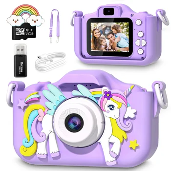 Mini Câmera Digital Infantil Multicolor: Capture Momentos Preciosos 10 Kids Mini Camera Cartoon Unicorn Toys for Girls Boys Birthday Gifts 1080P HD 2inch Screen With 32G SD Card Record Life Camera